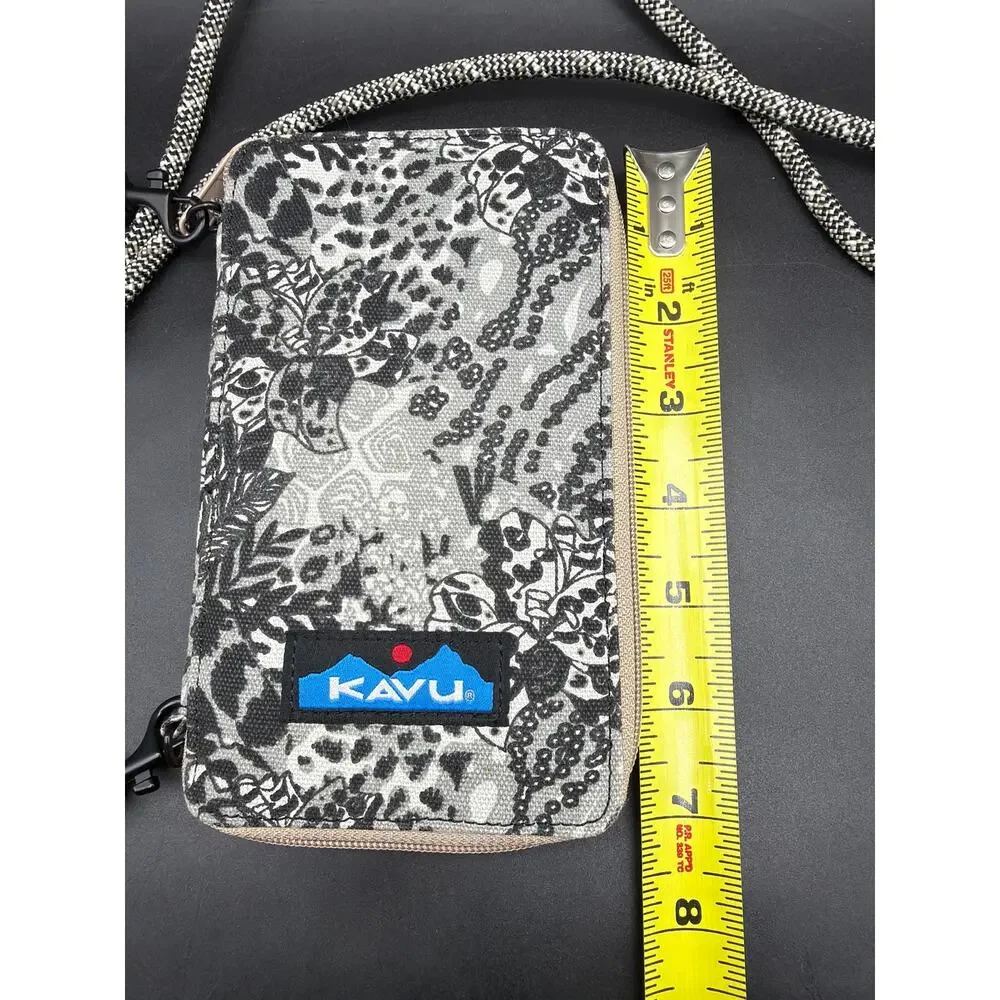 KAVU Crossbody Travel Wallet Organizer Gray Black Floral Zip Phone Passport Bag